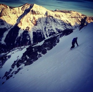 About to drop into Chimos, backcountry splitboarding at Castle Mountain Resort, Alberta, Canada